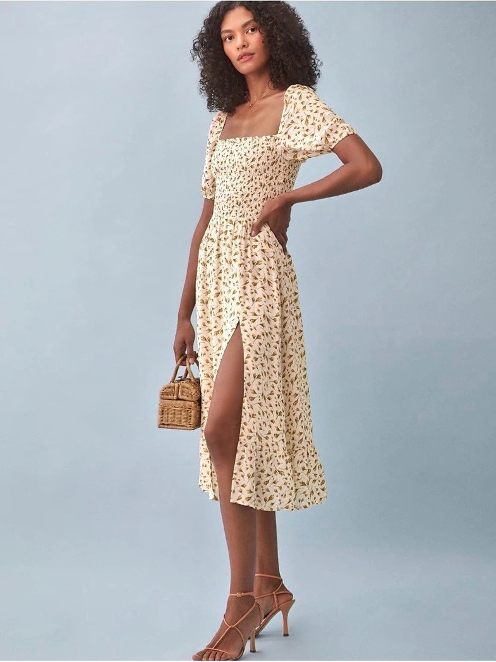 Reformation Riva Puff-Sleeve Smocked Midi Dress White & Yellow